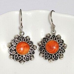 Vintage Sterling Silver Boho Moroccan Orange Sunstone Flower Drop Dangle Earring